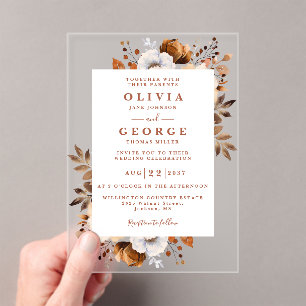 Rustic Terracotta Elegant Modern Floral Wedding Acrylic Invitations