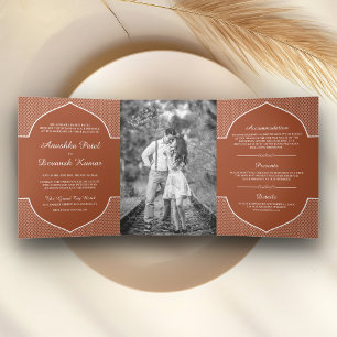 Rustic Terracotta Ethnic Indian Arch Wedding Photo Tri-Fold Invitation