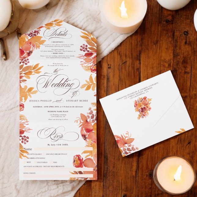 Rustic terracotta fall floral calligraphy wedding all in one invitation (Rustic terracotta fall floral calligraphy wedding all in one invitation)