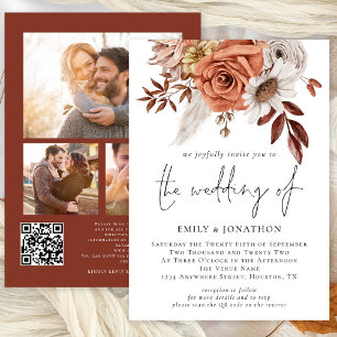 Rustic Terracotta Fall Florals 3 Photos QR Wedding Invitation