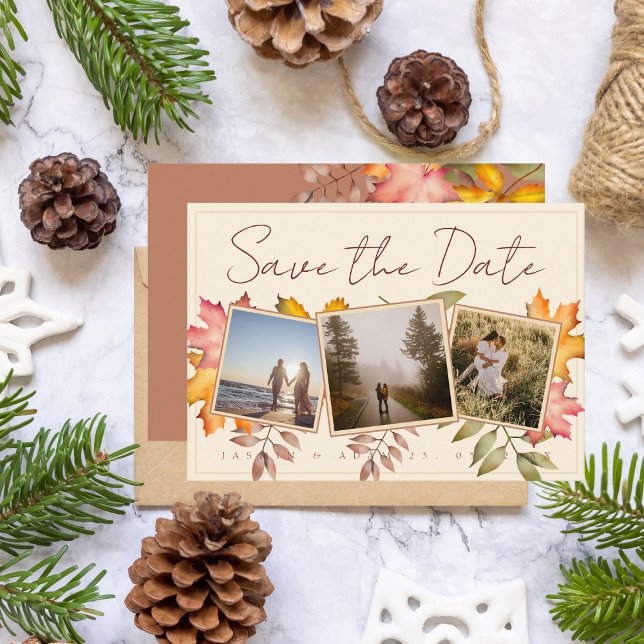 Rustic Terracotta Fall Leaves Three Photo Wedding Save The Date (Creator Uploaded)