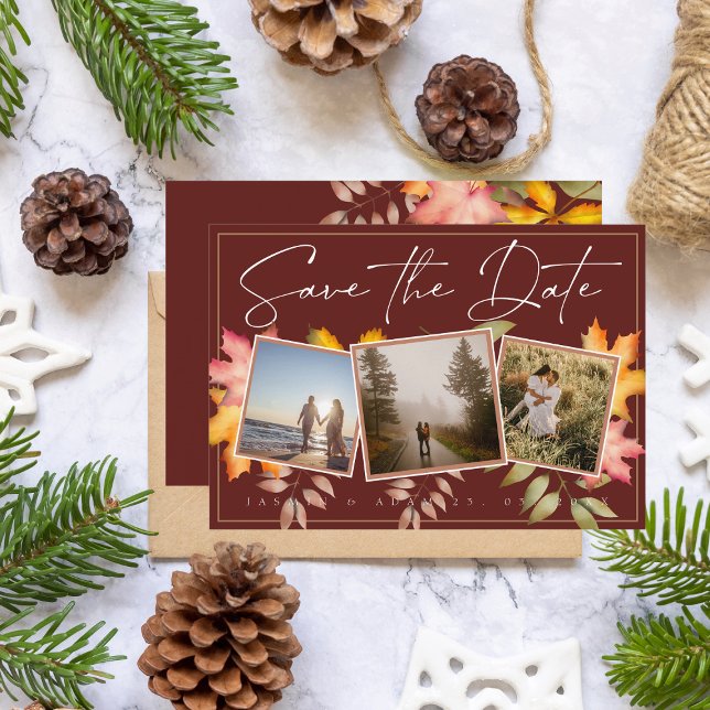 Rustic Terracotta Fall Leaves Three Photo Wedding Save The Date (Creator Uploaded)