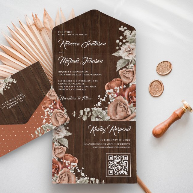 Rustic Terracotta Floral Barn Wood QR Code Wedding All In One Invitation (Creator Uploaded)