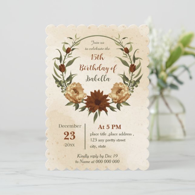rustic terracotta floral botanical birthday  invitation (Standing Front)