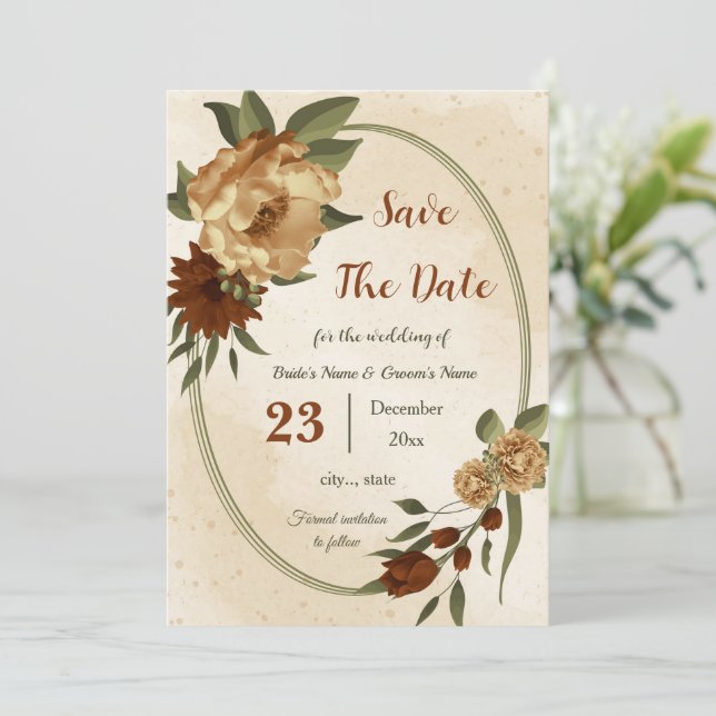 rustic terracotta floral botanical save the date (Standing Front)