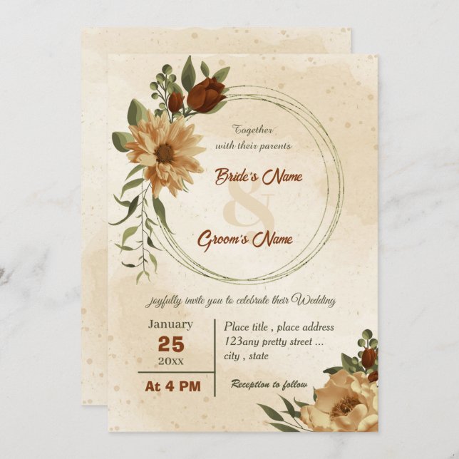 rustic terracotta floral botanical wedding  invitation (Front/Back)