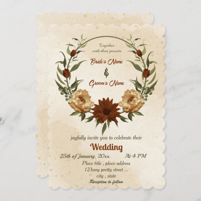 rustic terracotta floral botanical wedding  invitation (Front/Back)