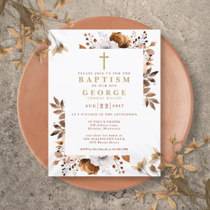 Rustic Terracotta Floral Fall Baptism Invitation Postcard