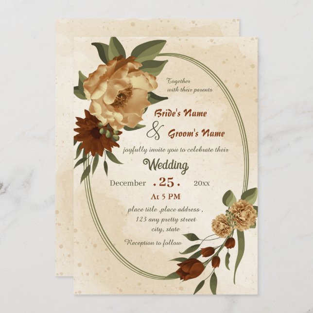 rustic terracotta floral geometric wedding  invitation (Front/Back)