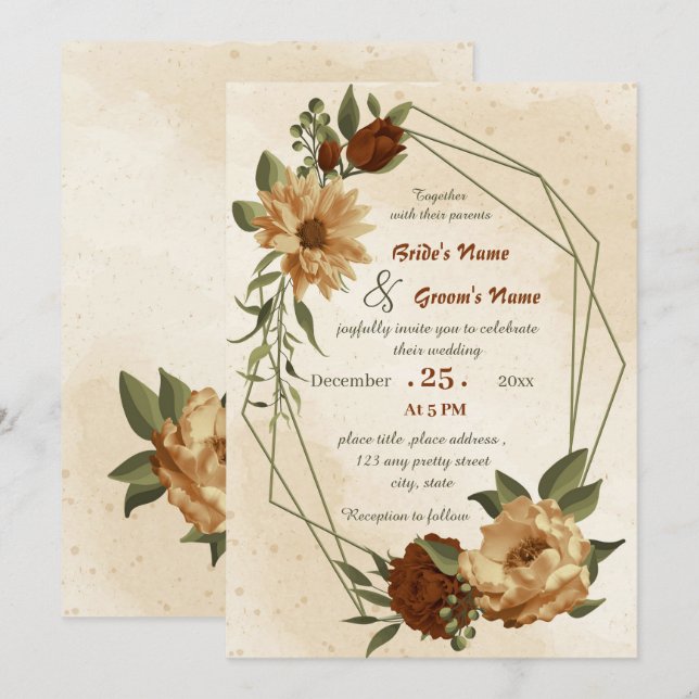 rustic terracotta floral geometric wedding  invitation (Front/Back)