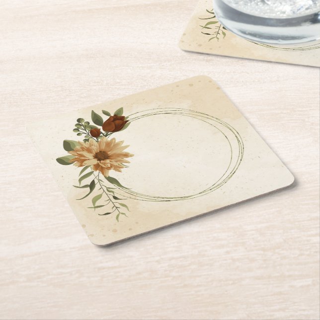 rustic terracotta floral greenery square paper coaster (Angled)