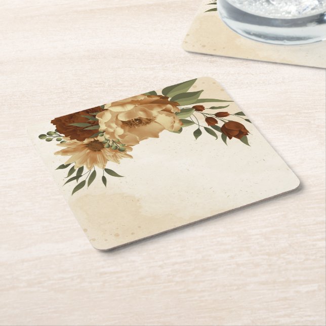 rustic terracotta floral greenery square paper coaster (Angled)