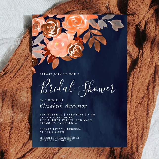 Rustic Terracotta Floral Navy Blue Bridal Shower Invitation (Creator Uploaded)