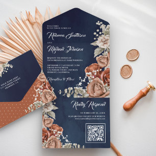 Rustic Terracotta Floral Navy Blue QR Code Wedding All In One Invitation
