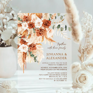 Rustic Terracotta Floral Pampas Wedding  Acrylic Invitations