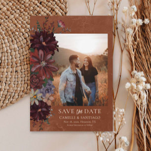 Rustic Terracotta Floral Photo Save the Date Card