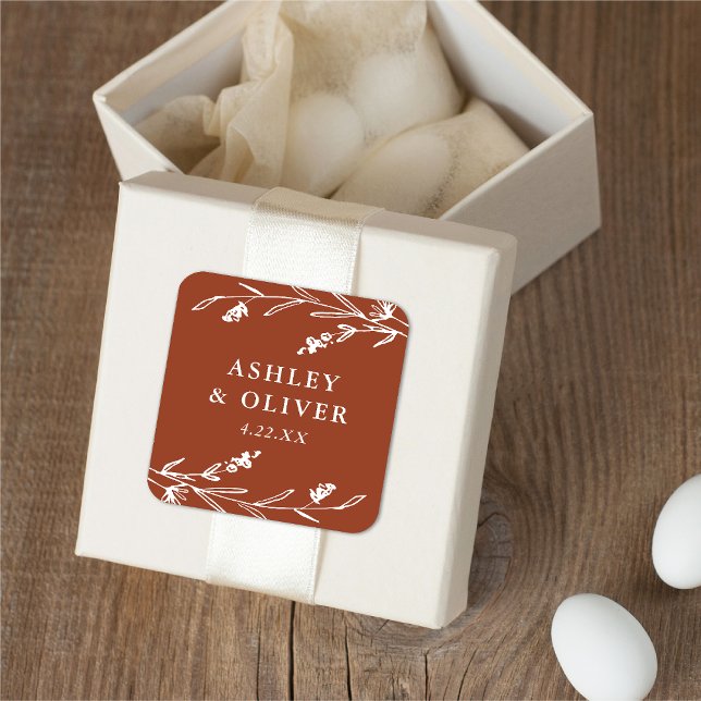 Rustic Terracotta Floral Wildflower Wedding Favour Square Sticker (Creator Uploaded)