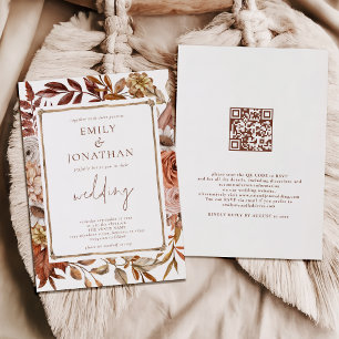 Rustic Terracotta Florals Border QR Code Wedding Invitation