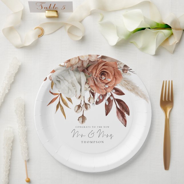 Rustic Terracotta Florals Congrats Mr Mrs Wedding  Paper Plate (Wedding)