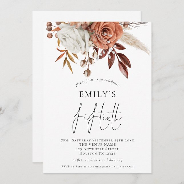 Rustic Terracotta Florals Fiftieth Birthday Party Invitation (Front/Back)