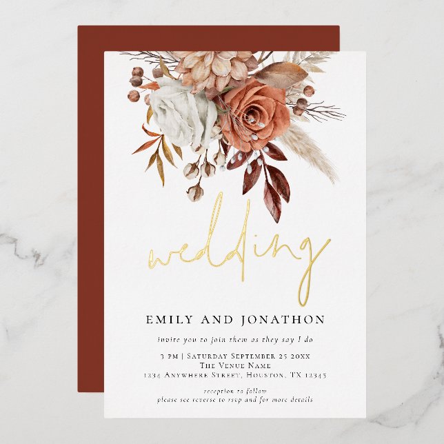 Rustic Terracotta Florals Informal Script Wedding  (Front/Back)