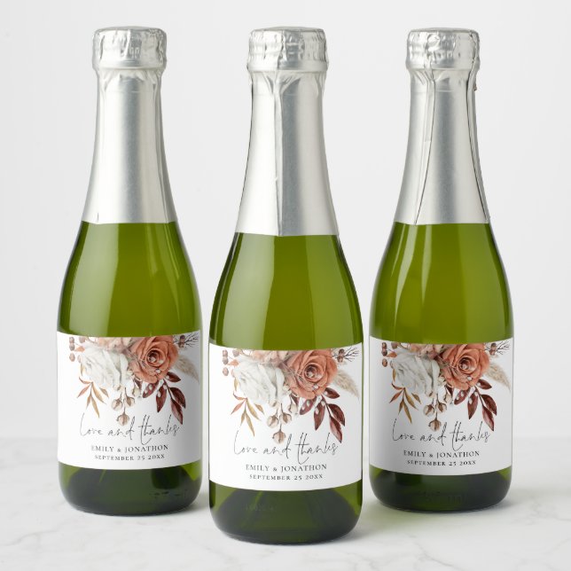Rustic Terracotta Florals Love Thanks Name Wedding Sparkling Wine Label (Bottles)