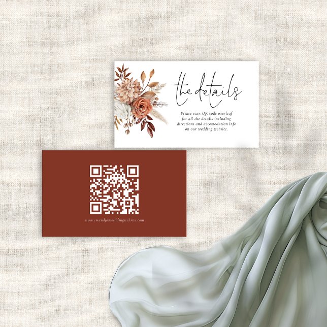Rustic Terracotta Florals QR Code Wedding Details Enclosure Card (Front and back view)