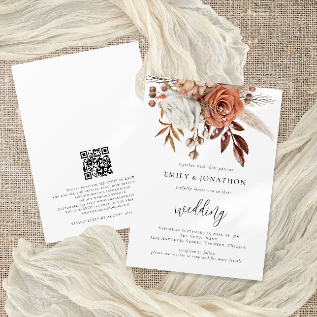 Rustic Terracotta Florals QR Code Wedding Invitation (Creator Uploaded)