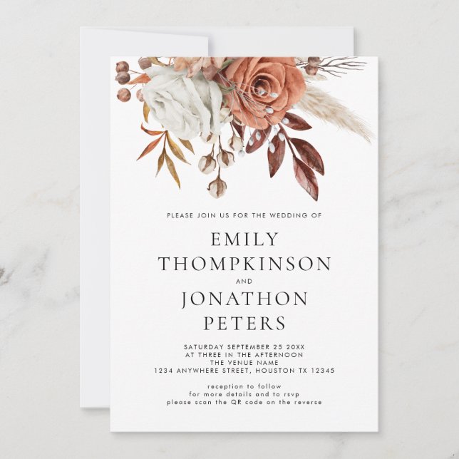 Rustic Terracotta Florals QR Code Wedding Invitation (Front)