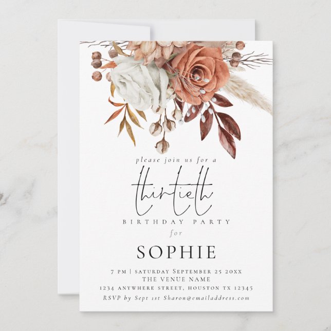 Rustic Terracotta Florals Script 30th Birthday Invitation (Front)