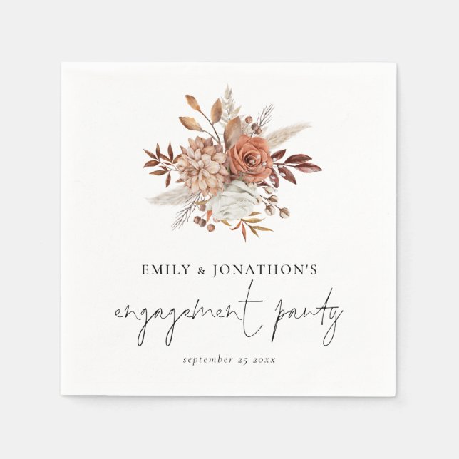 Rustic Terracotta Florals Script Engagement Party  Napkin (Front)