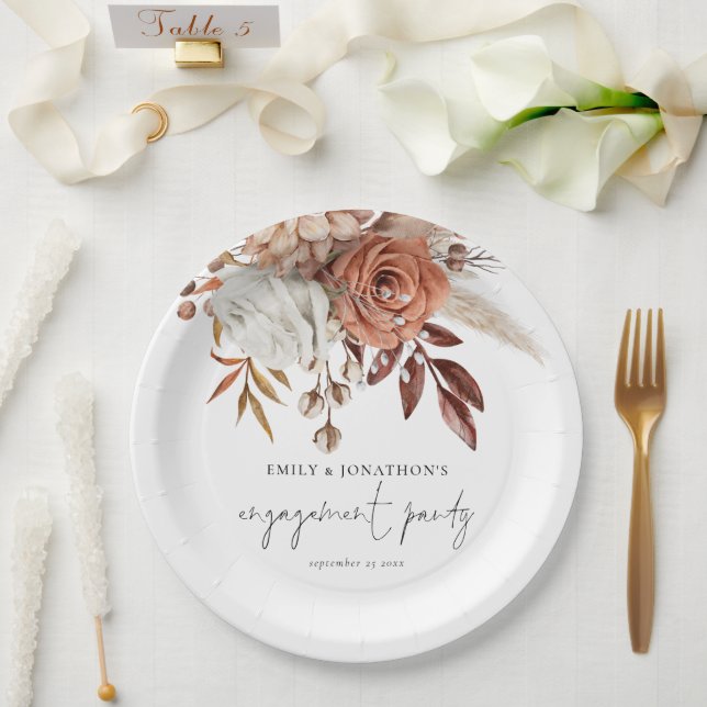 Rustic Terracotta Florals Script Engagement Party  Paper Plate (Wedding)