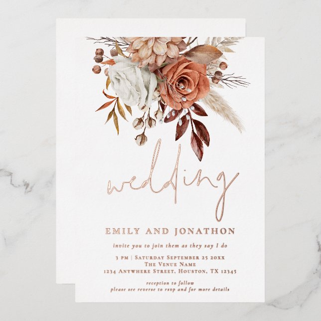 Rustic Terracotta Florals Script Wedding Real Foil (Front/Back)
