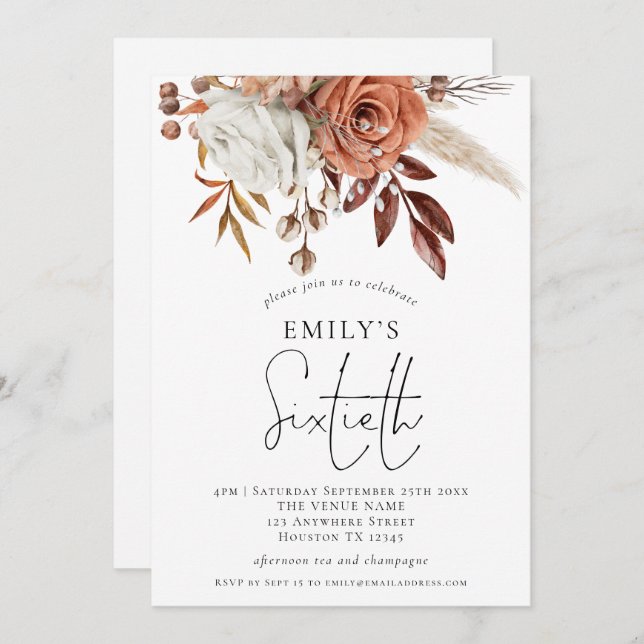 Rustic Terracotta Florals Sixtieth Birthday Party Invitation (Front/Back)