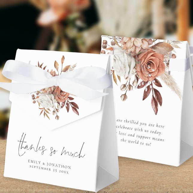 Rustic Terracotta Florals Thank You Wedding Favour Box (Front and back view)