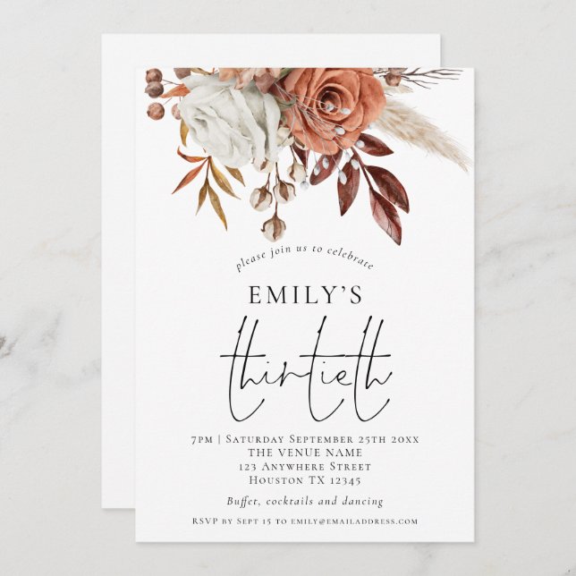 Rustic Terracotta Florals Thirtieth Birthday Party Invitation (Front/Back)