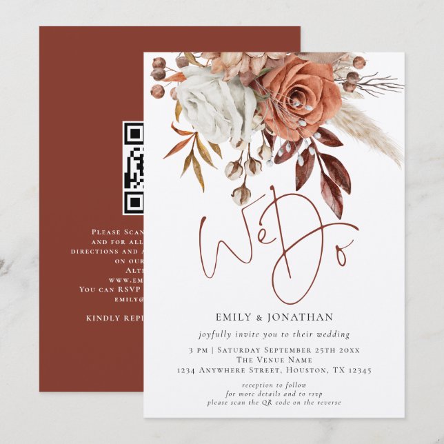 Rustic Terracotta Florals We Do QR Code Wedding Invitation (Front/Back)