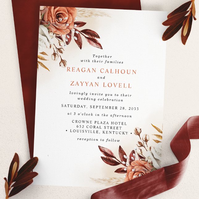 Rustic Terracotta Flowers And Pampas Grass Wedding Invitation (Creator Uploaded)
