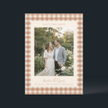 Rustic Terracotta Gingham Plaid Photo Wedding Save The Date<br><div class="desc">This save the date card features a favorite couple photo framed by a soft gingham border with the couple’s names, wedding date, and location below. The warm neutral pattern adds a relaxed, charming touch while keeping the focus on your engagement photo. The back can include a wedding website or QR...</div>