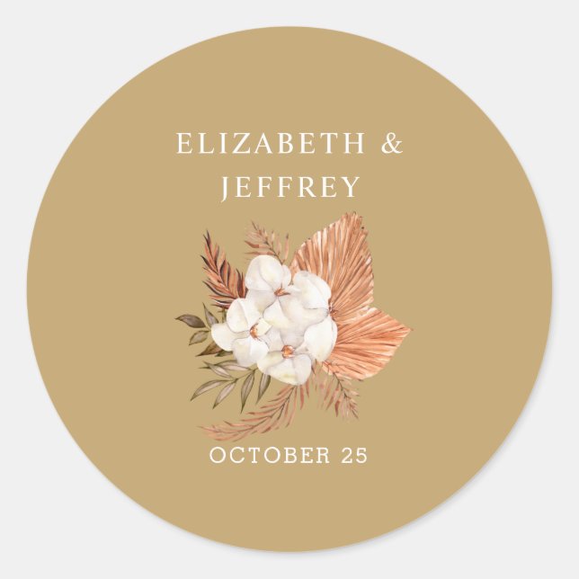 Rustic Terracotta Gold Boho Pampas Wedding Classic Round Sticker (Front)