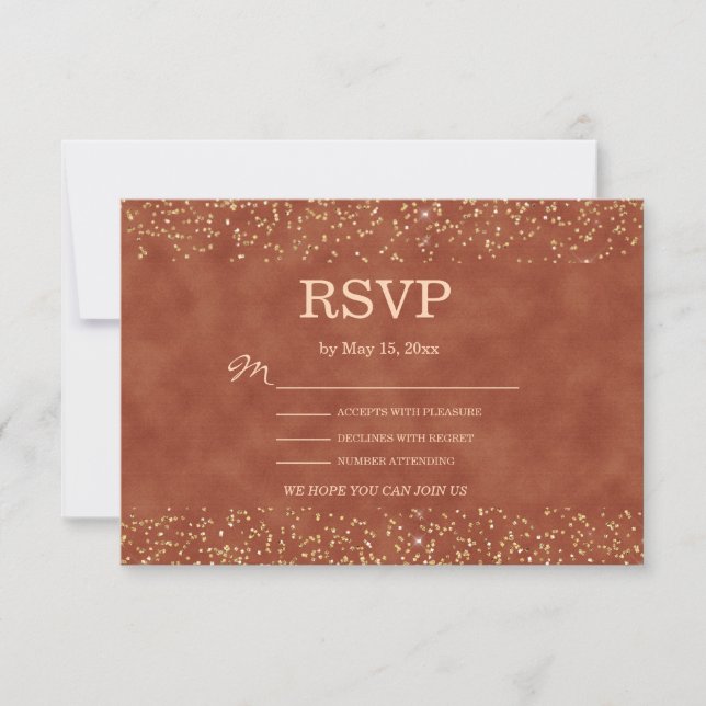 Rustic Terracotta Gold Glitter Wedding  RSVP Card (Front)