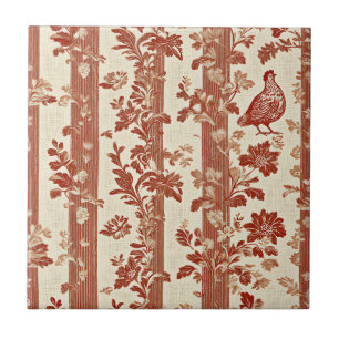 Rustic Terracotta Hen Toile Stripe Pattern Ceramic Tile