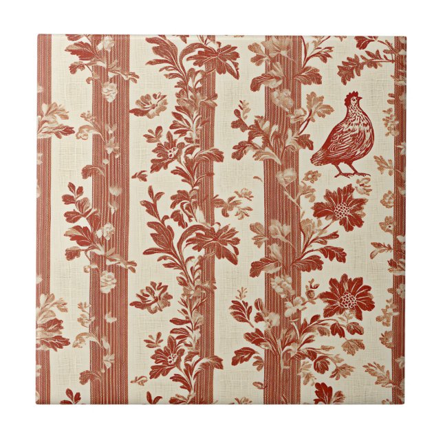Rustic Terracotta Hen Toile Stripe Pattern Ceramic Tile (Front)
