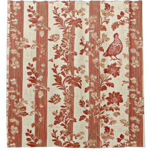 Rustic Terracotta Hen Toile Stripe Pattern Shower Curtain