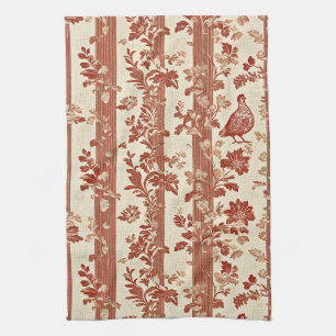 Rustic Terracotta Hen Toile Stripe Pattern Tea Towel