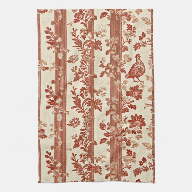 Rustic Terracotta Hen Toile Stripe Pattern Tea Towel (Vertical)