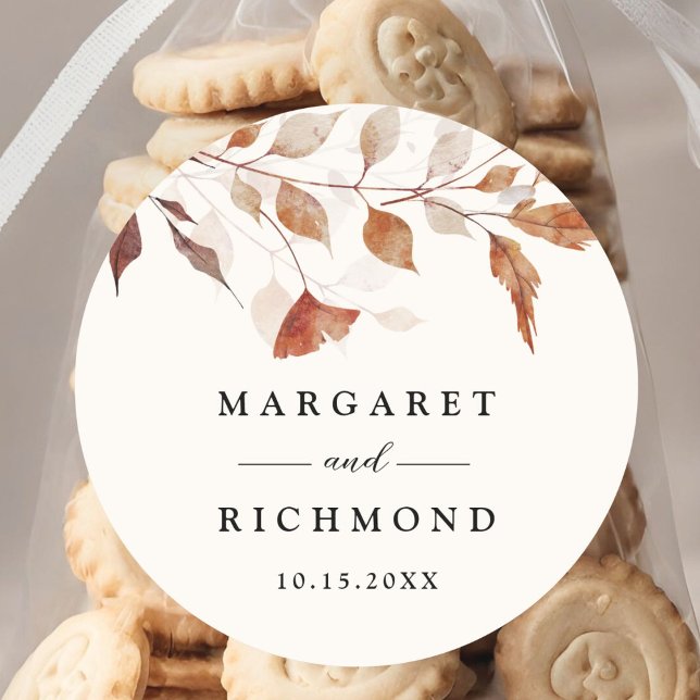Rustic Terracotta Leaves Fall Wedding  Classic Round Sticker (Creator Uploaded)