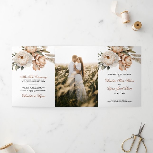 Rustic Terracotta Pampas Boho Floral Fall Wedding Tri-Fold Programme (Outside)