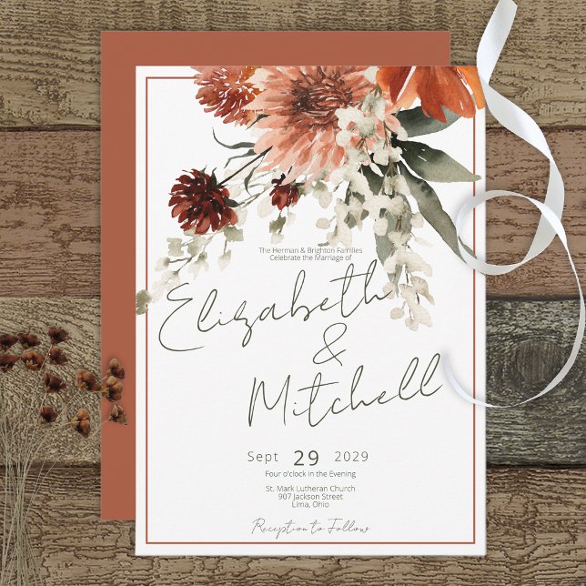 Rustic Terracotta Rust Flowers Clay Wedding Invitation (Creator Uploaded)