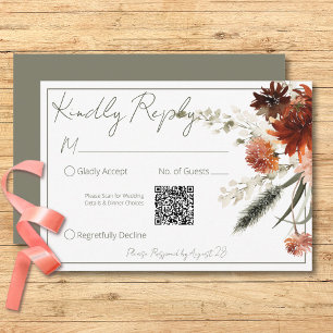 Rustic Terracotta Rust Flowers Green QR Code RSVP Card